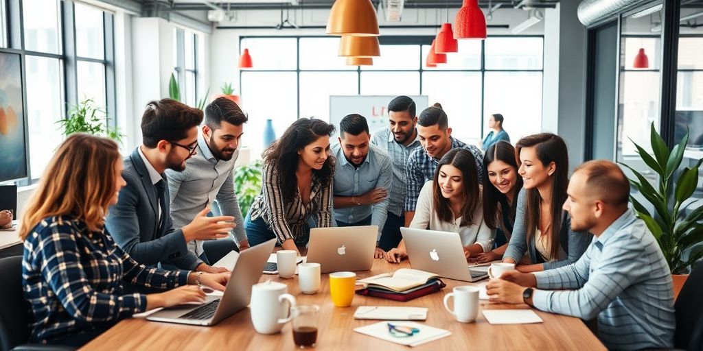 Group of entrepreneurs collaborating in a modern office.